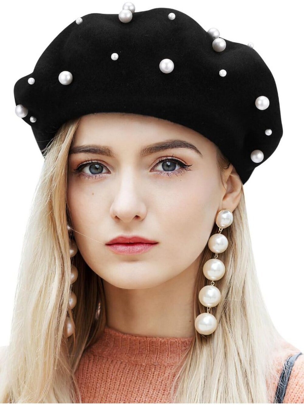 Women's Classic Pearl Wool French Stylish Beret Hat Black